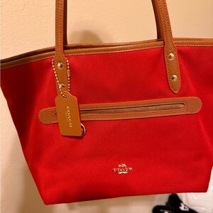 Coach Vibrant Red Tote with Tan Accents